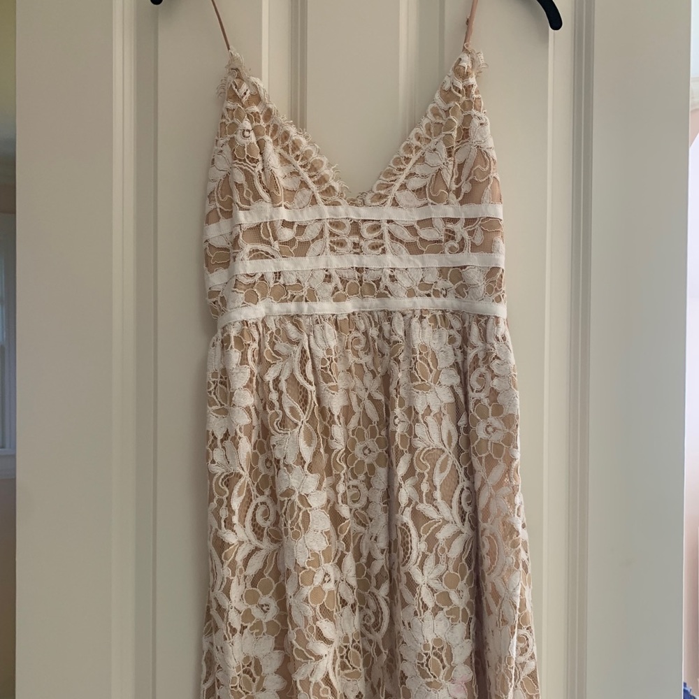 NBD white and tan floral lace cocktail dress